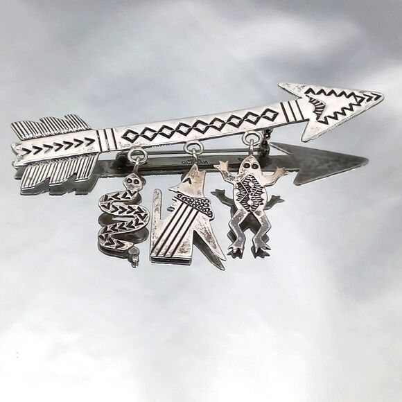 Navajo Allison Snowhawk Lee RARE Brooch Sterling Signed Arrow w/Dangling Charms - Picture 1 of 9